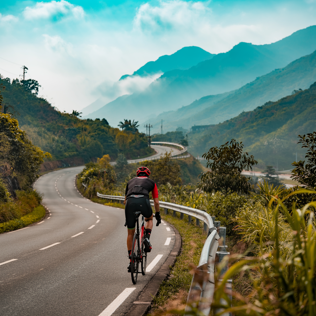 Biker riding along scenic Hai Van Pass between Hue and Da Nang on Vietnam cycling route